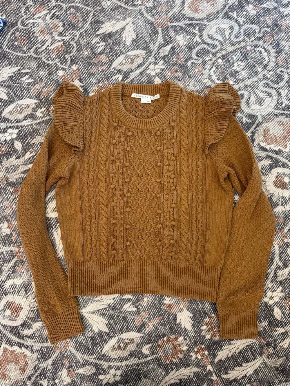 NWOT Veronica Beard Earl Cable-Knit Ruffle-Shoulder Sweater in Camel size small